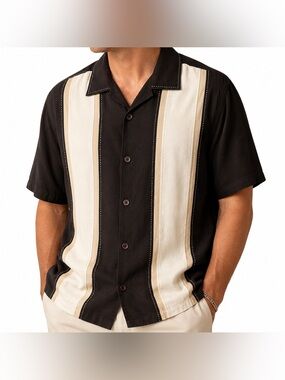 Vintage Silk Circa 1969 Men’s Brown Black Bowling Shirt 100% Silk L
